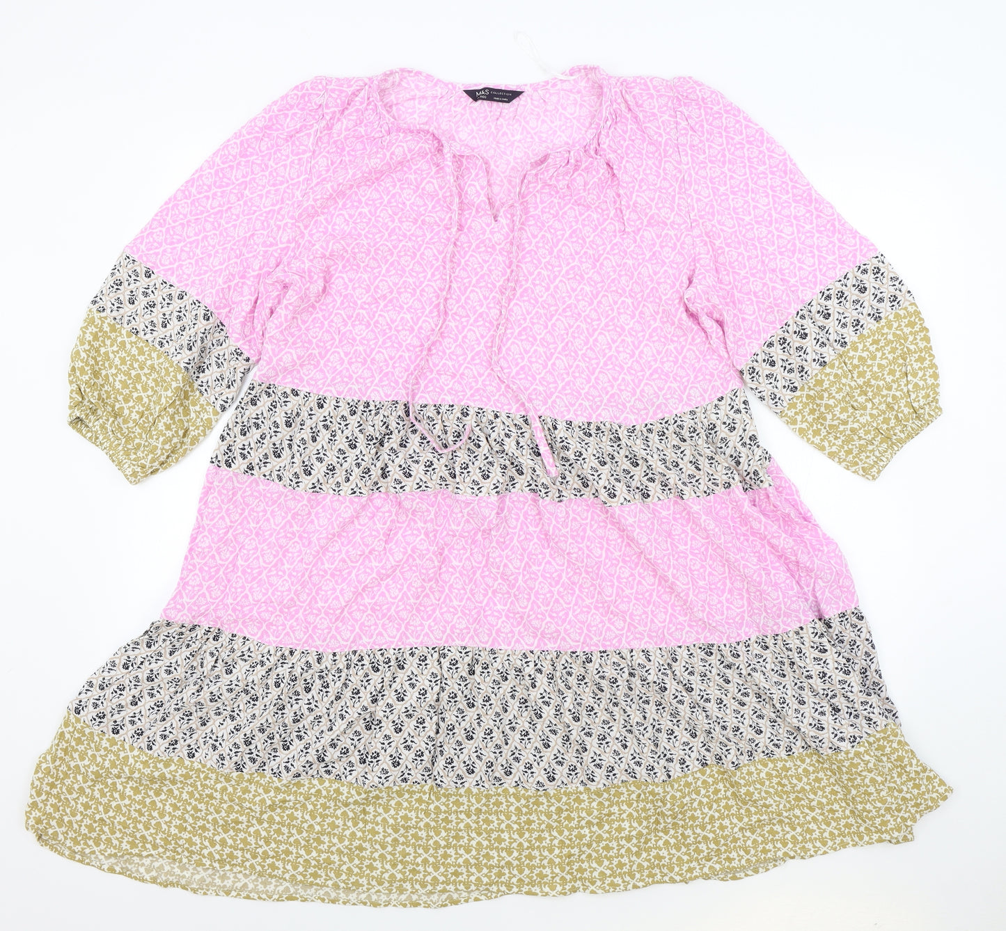 Marks and Spencer Womens Pink Floral Viscose Sheath Size 14 V-Neck Pullover