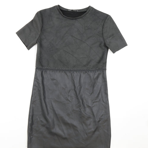 Zara Womens Grey Polyester T-Shirt Dress Size XS Round Neck Pullover - Faux leather