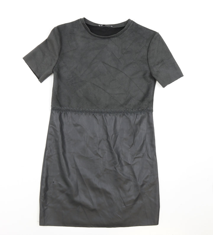 Zara Womens Grey Polyester T-Shirt Dress Size XS Round Neck Pullover - Faux leather