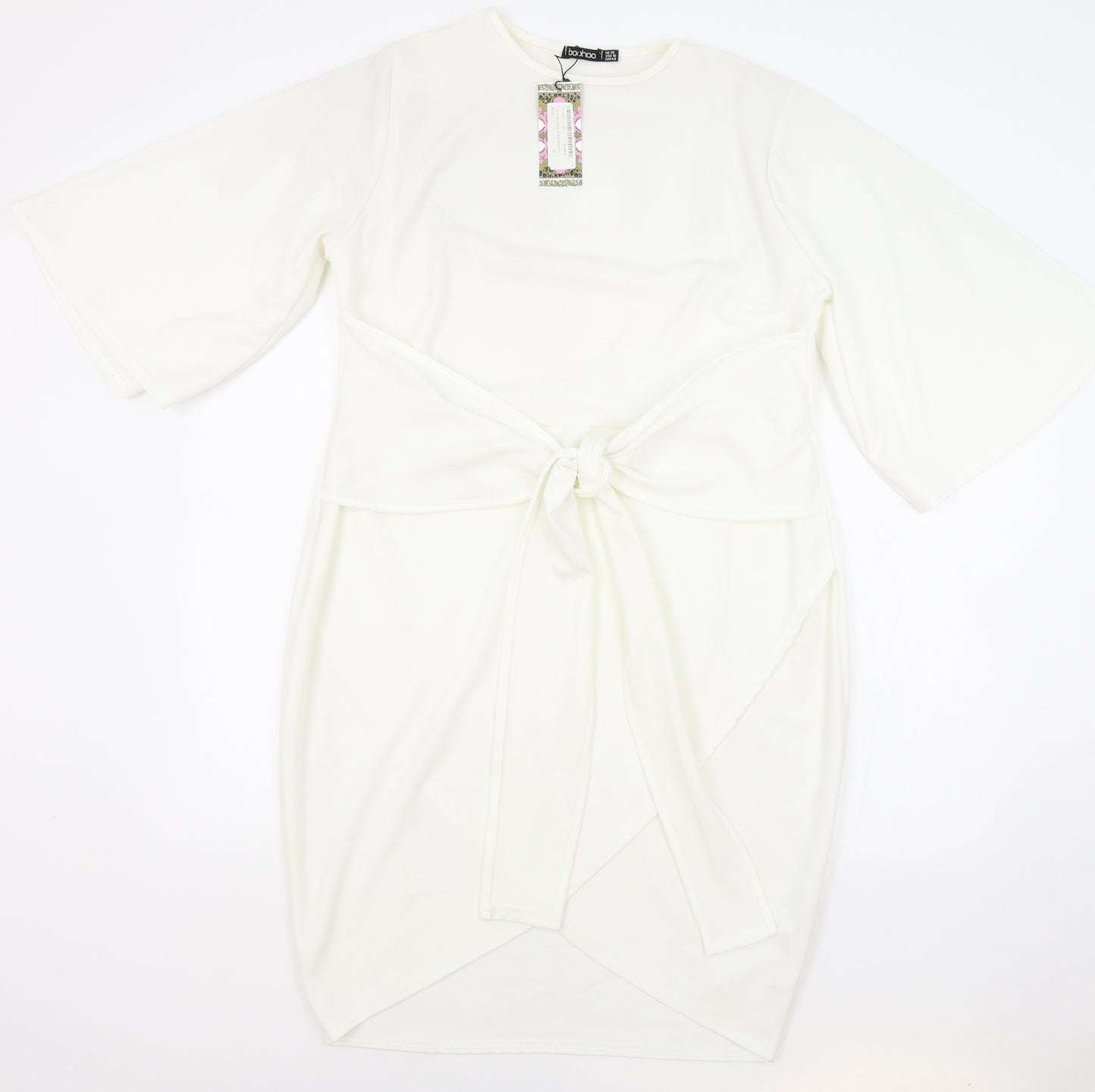 Boohoo Womens White Viscose Wrap Dress Size 20 Boat Neck Pullover - Knot Detail