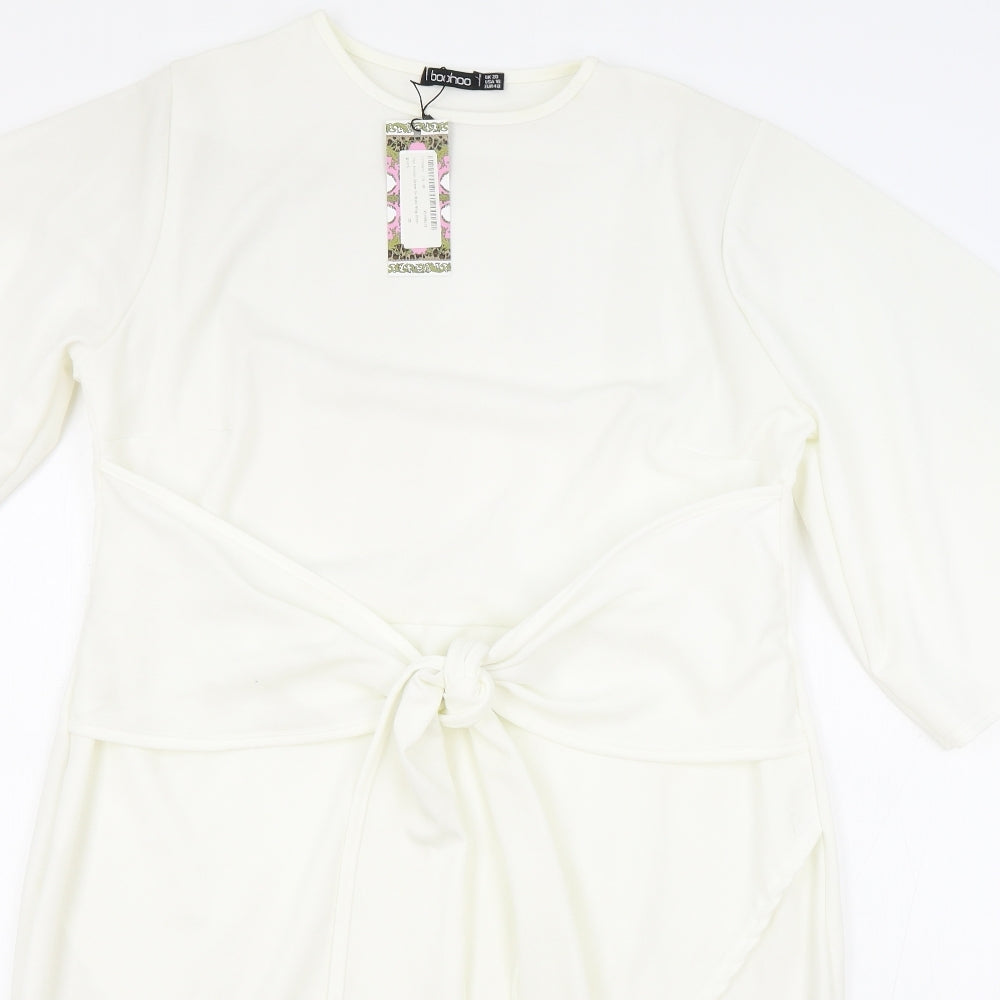 Boohoo Womens White Viscose Wrap Dress Size 20 Boat Neck Pullover - Knot Detail