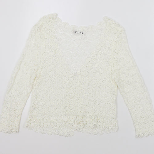 Roman Womens White V-Neck Acrylic Cardigan Jumper Size 8
