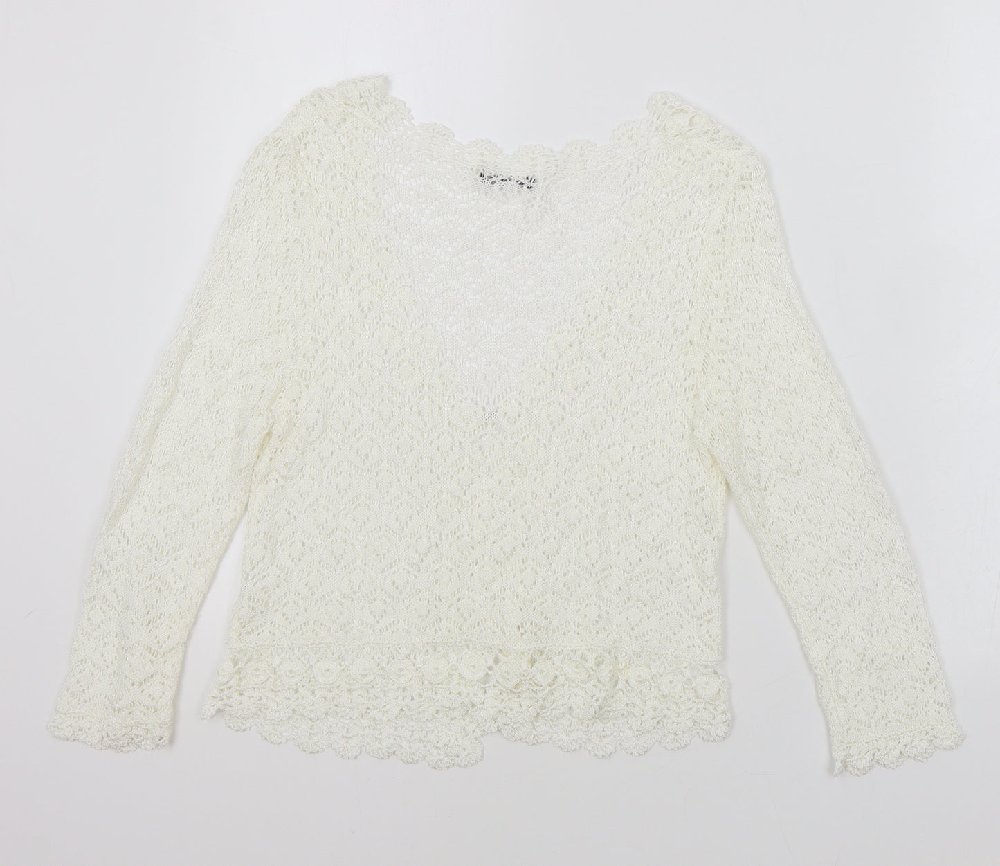 Roman Womens White V-Neck Acrylic Cardigan Jumper Size 8