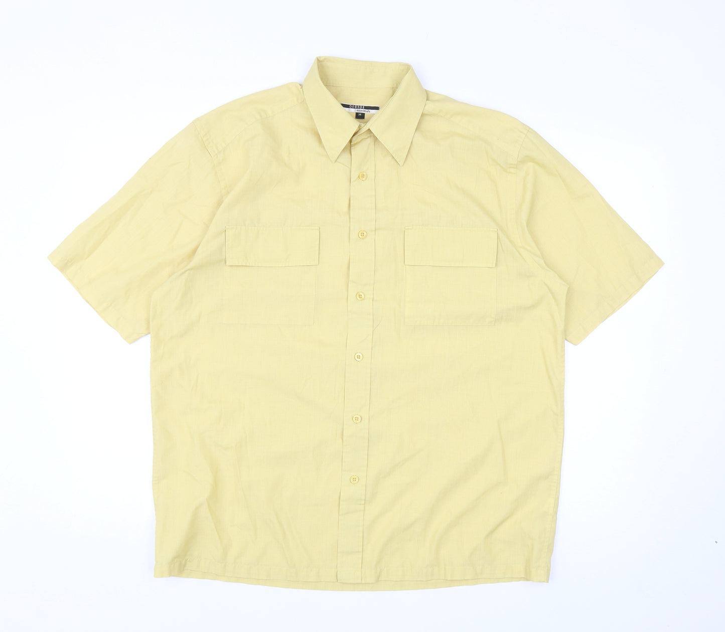 George Mens Yellow Cotton Button-Up Size M Collared Button