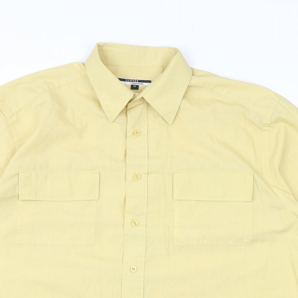 George Mens Yellow Cotton Button-Up Size M Collared Button