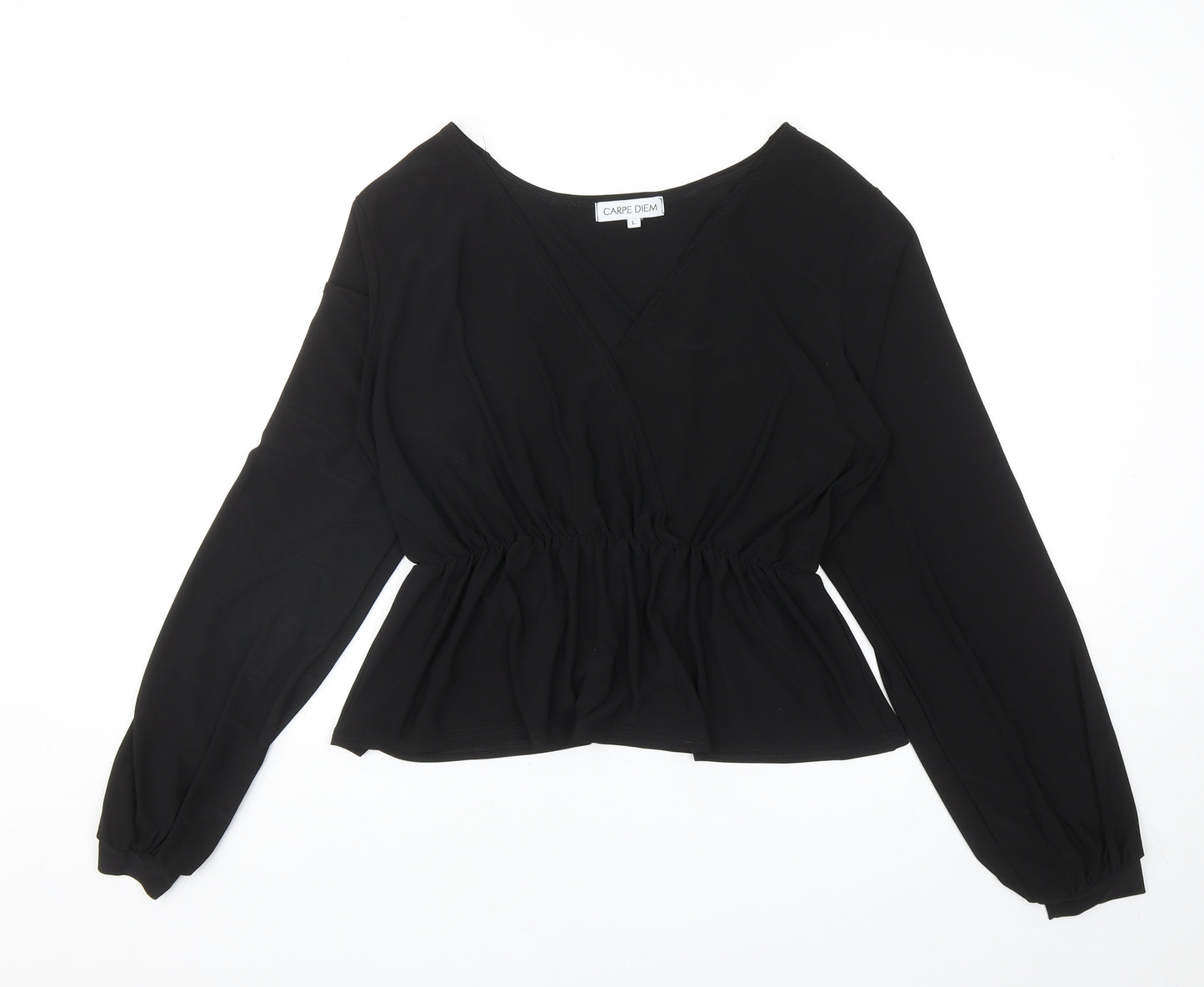 Carpe Diem Womens Black Polyester Basic Blouse Size L V-Neck - Peplum