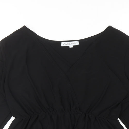 Carpe Diem Womens Black Polyester Basic Blouse Size L V-Neck - Peplum