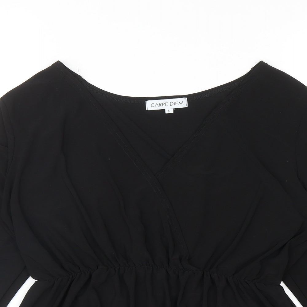 Carpe Diem Womens Black Polyester Basic Blouse Size L V-Neck - Peplum