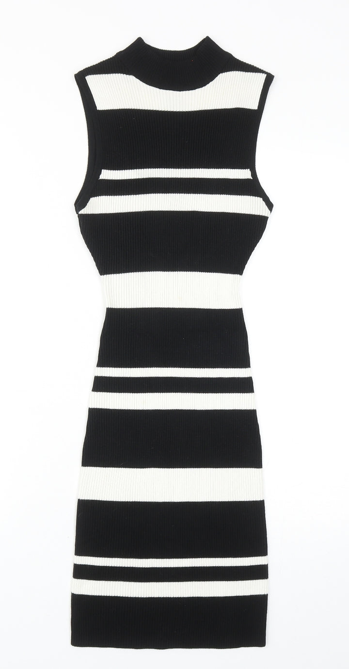 LU NYC Womens Black Striped Viscose Bodycon Size S Mock Neck Pullover