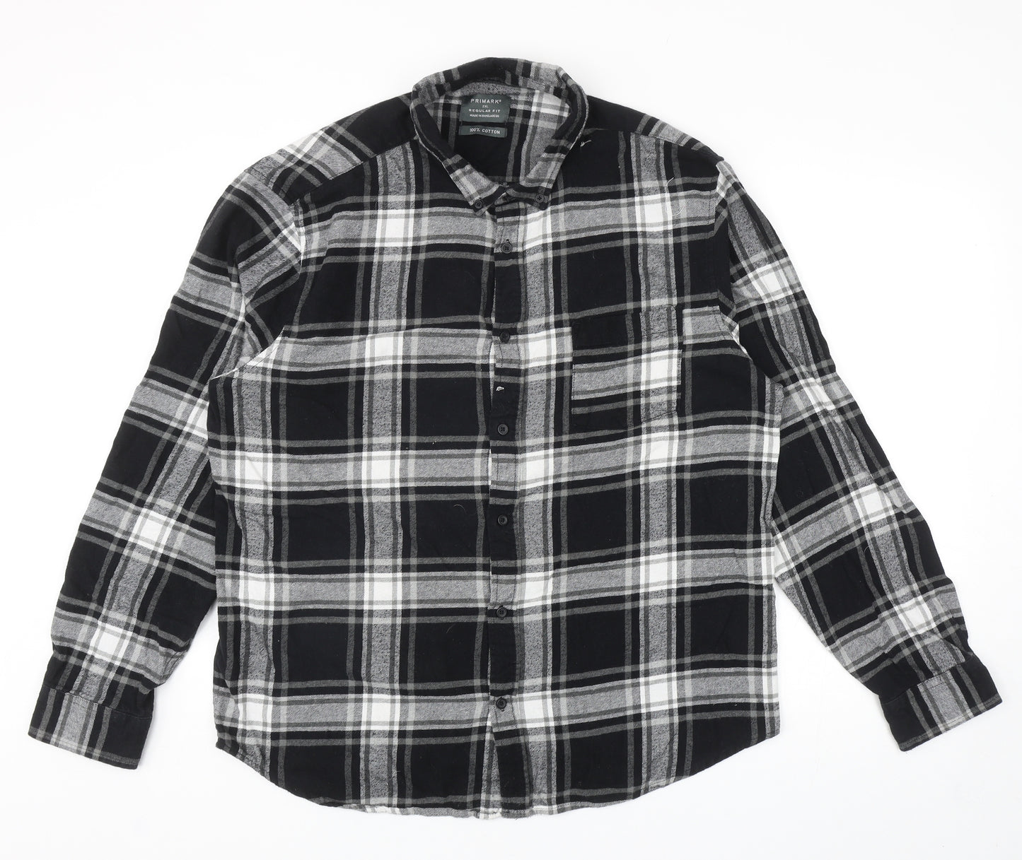 Primark Mens Black Plaid Cotton Button-Up Size 2XL Collared Button
