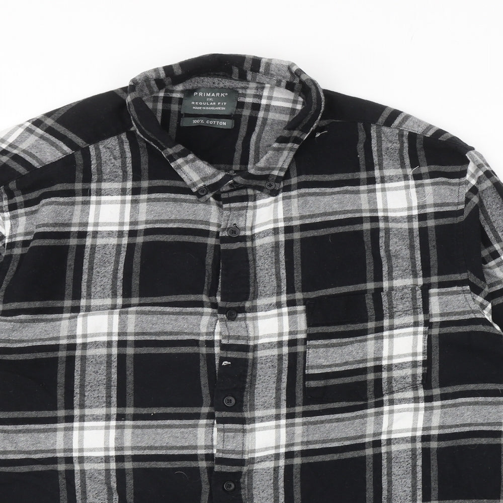 Primark Mens Black Plaid Cotton Button-Up Size 2XL Collared Button