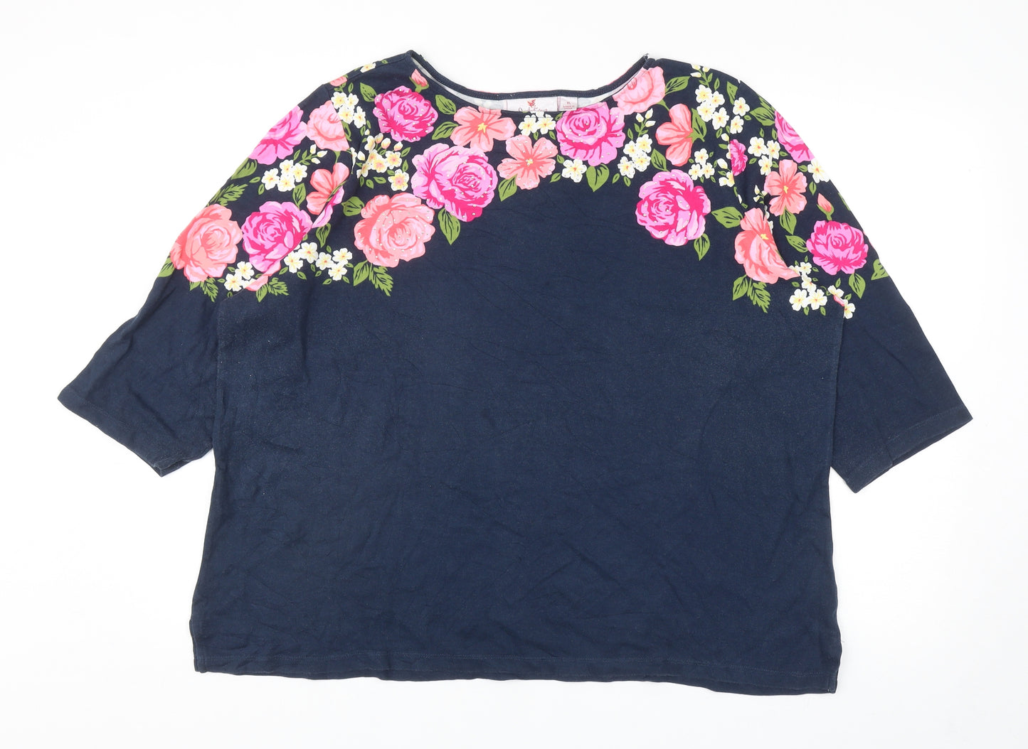 Quaker Factory Womens Blue Cotton Basic T-Shirt Size XL Boat Neck - Flowers