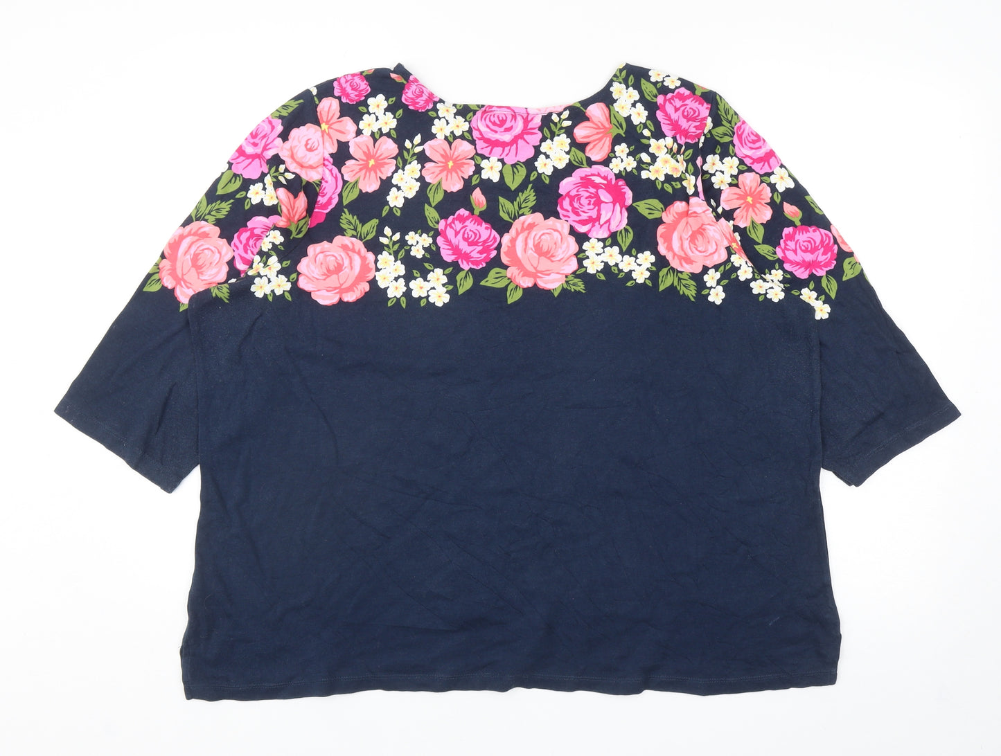 Quaker Factory Womens Blue Cotton Basic T-Shirt Size XL Boat Neck - Flowers
