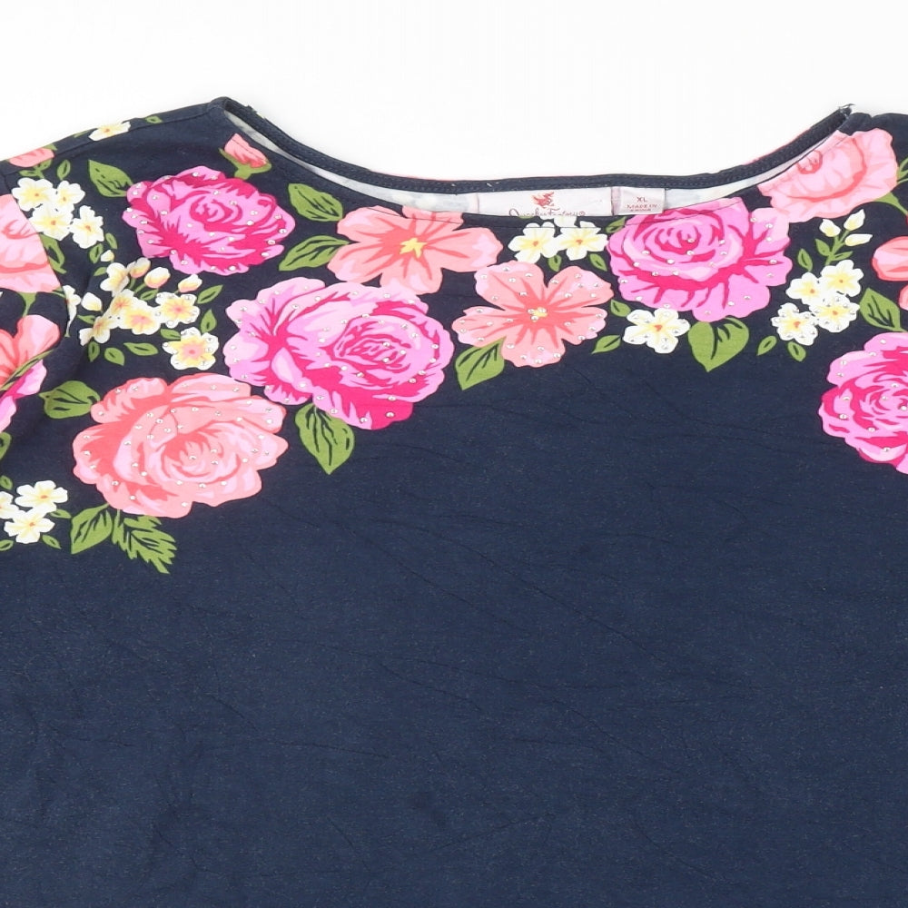 Quaker Factory Womens Blue Cotton Basic T-Shirt Size XL Boat Neck - Flowers