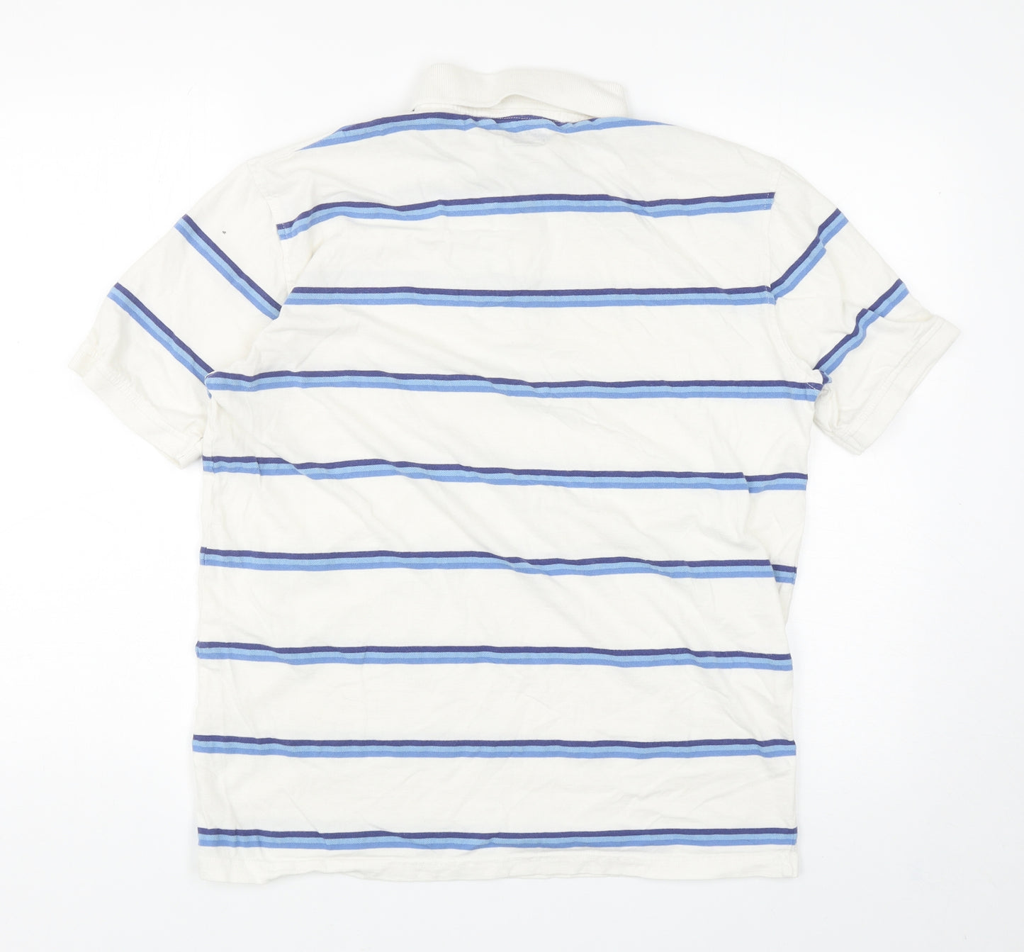 George Mens White Striped Cotton Polo Size M Collared Button