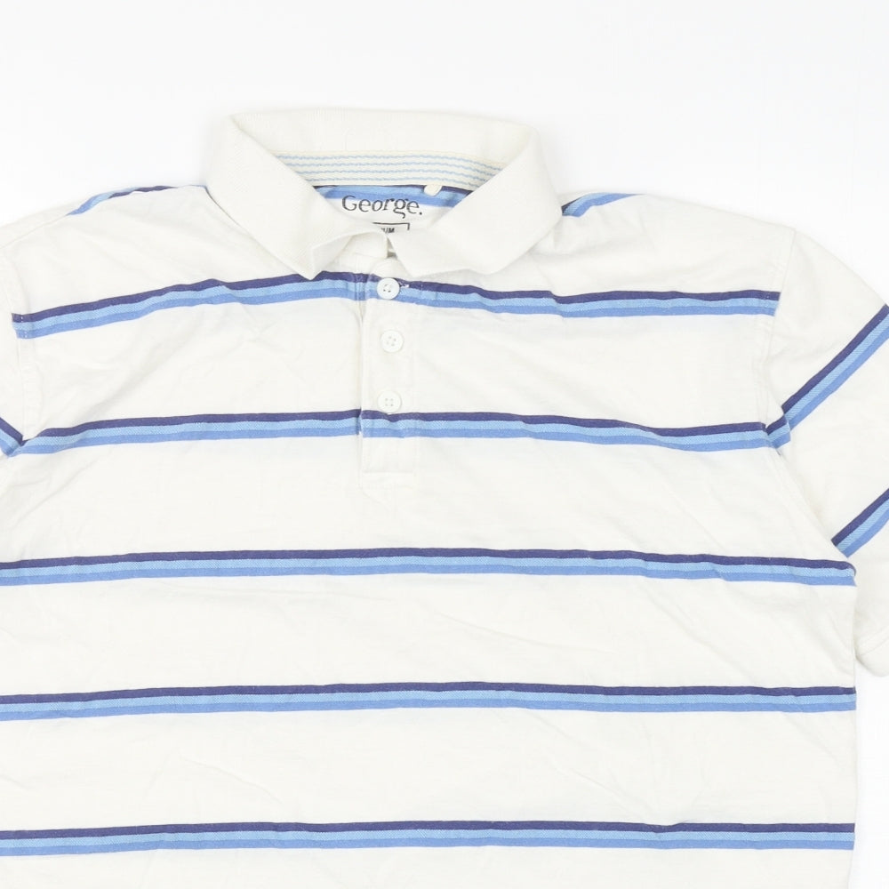 George Mens White Striped Cotton Polo Size M Collared Button