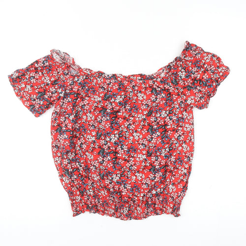 Oasis Womens Red Floral Viscose Cropped Blouse Size 8 Off the Shoulder