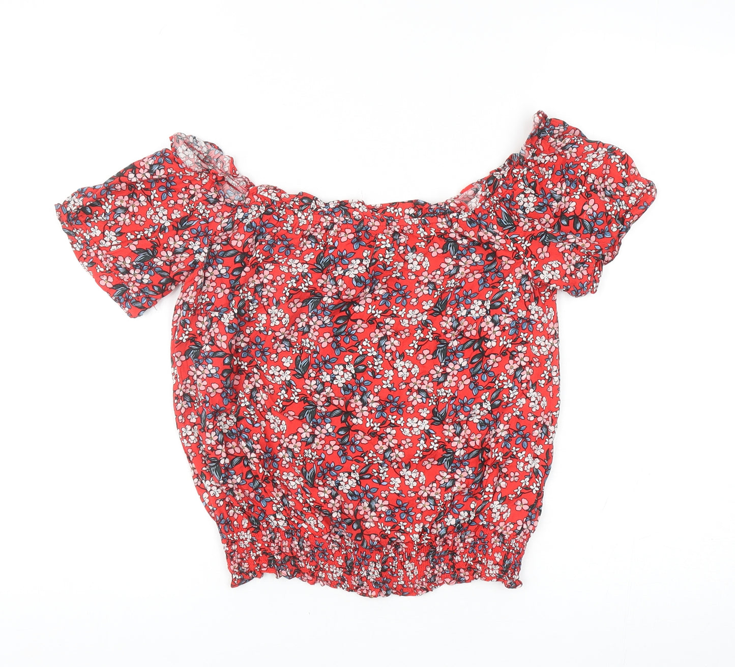 Oasis Womens Red Floral Viscose Cropped Blouse Size 8 Off the Shoulder