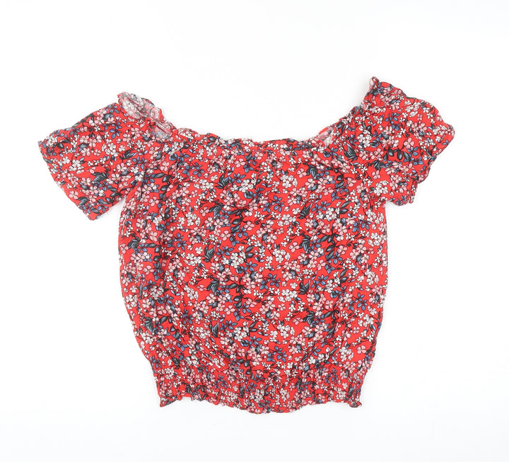 Oasis Womens Red Floral Viscose Cropped Blouse Size 8 Off the Shoulder