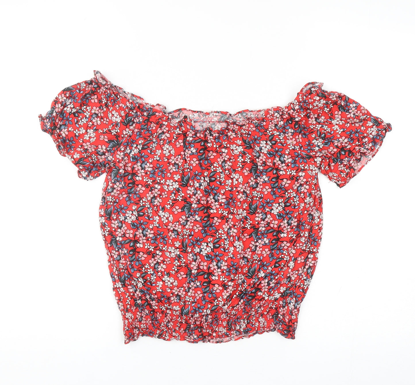 Oasis Womens Red Floral Viscose Cropped Blouse Size 8 Off the Shoulder