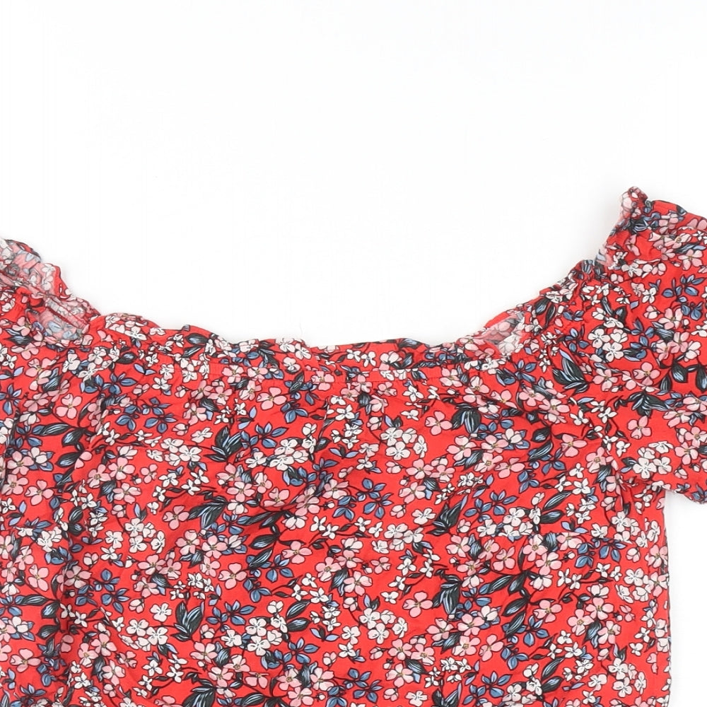 Oasis Womens Red Floral Viscose Cropped Blouse Size 8 Off the Shoulder