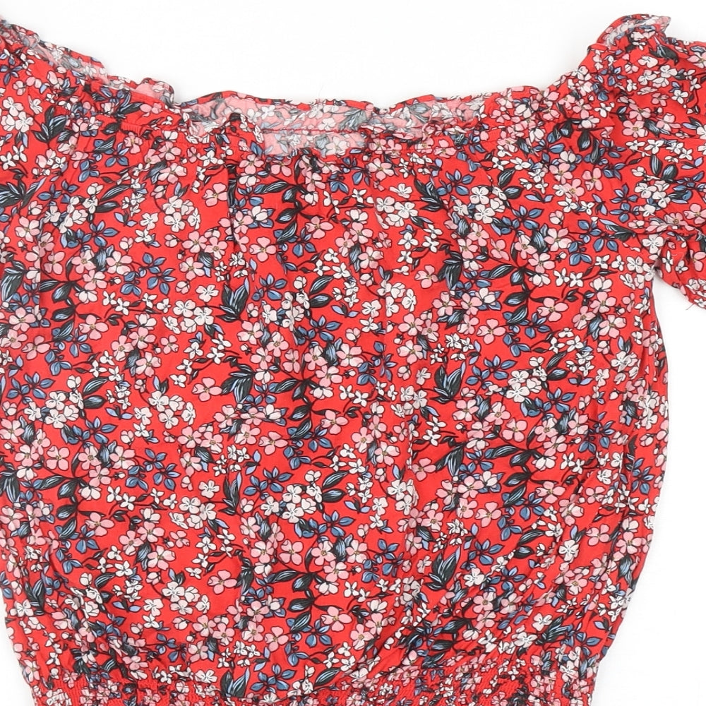 Oasis Womens Red Floral Viscose Cropped Blouse Size 8 Off the Shoulder