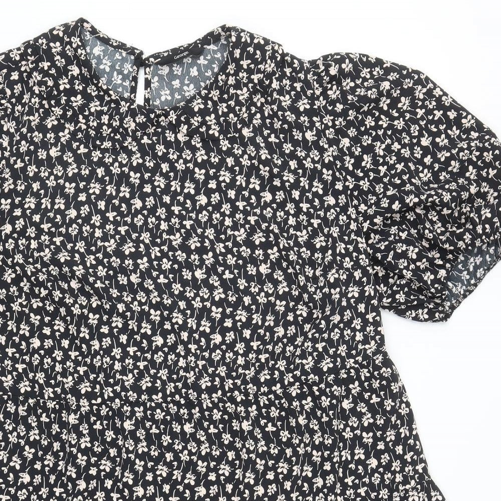 George Womens Black Floral Polyester Trapeze & Swing Size 20 Collared Button