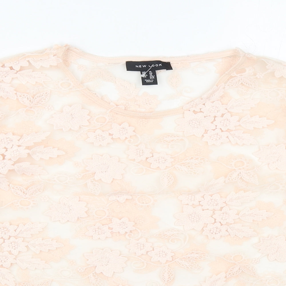 New Look Womens Orange Floral Polyester Basic Blouse Size 14 Round Neck