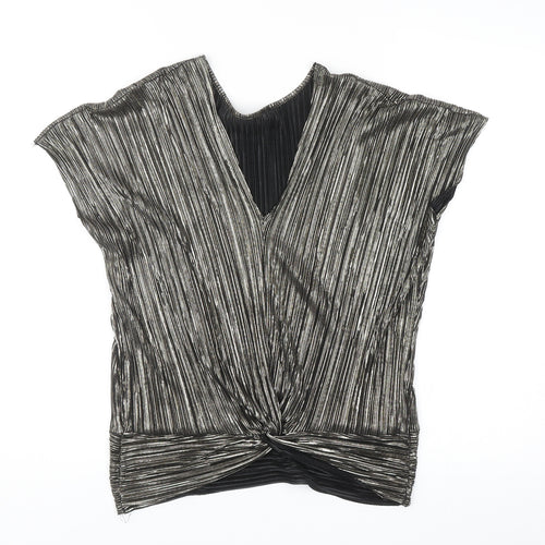 Preworn Womens Silver Polyester Basic Blouse Size 6 V-Neck - Twist Detail