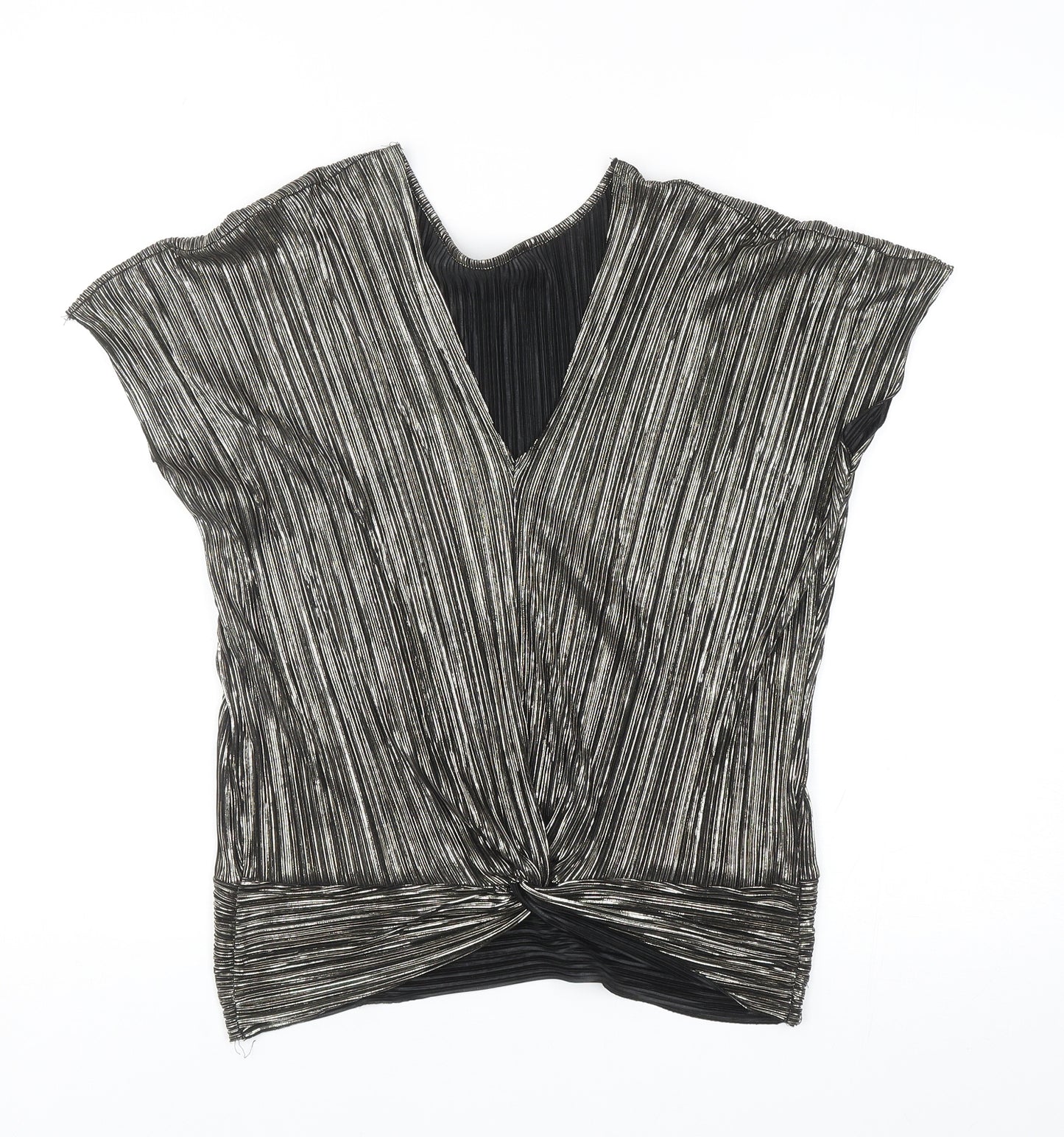 Preworn Womens Silver Polyester Basic Blouse Size 6 V-Neck - Twist Detail