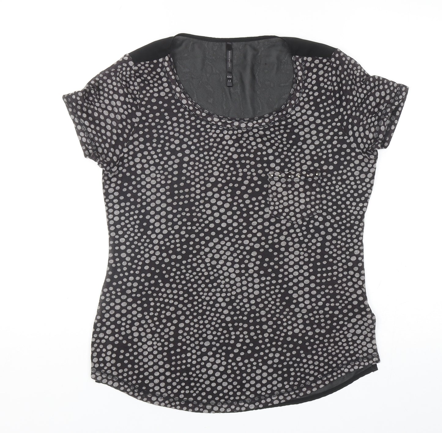 Karen Millen Womens Grey Polka Dot Polyester Basic T-Shirt Size 12 Scoop Neck