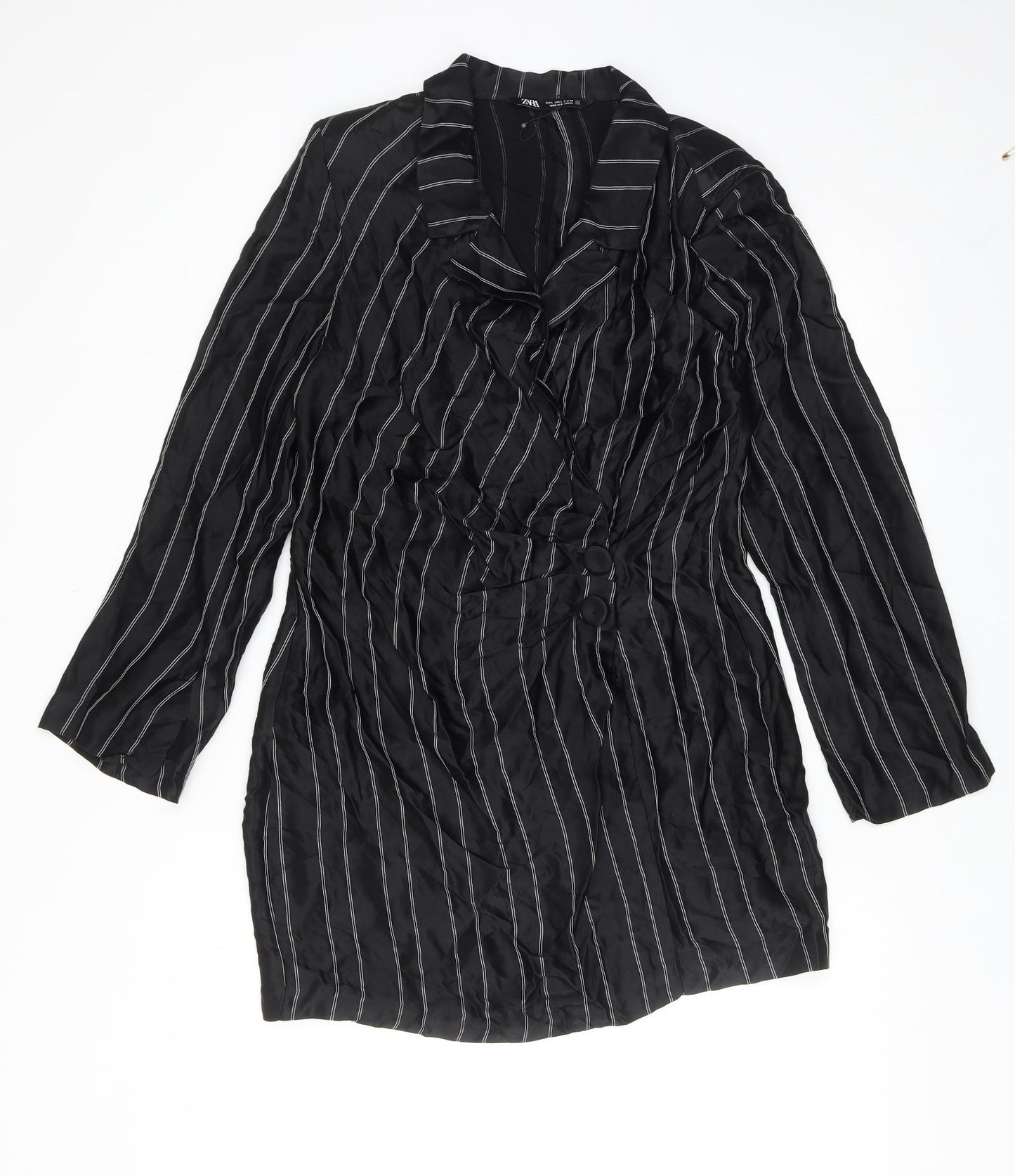 Zara Womens Black Striped Viscose Shirt Dress Size L Collared Button