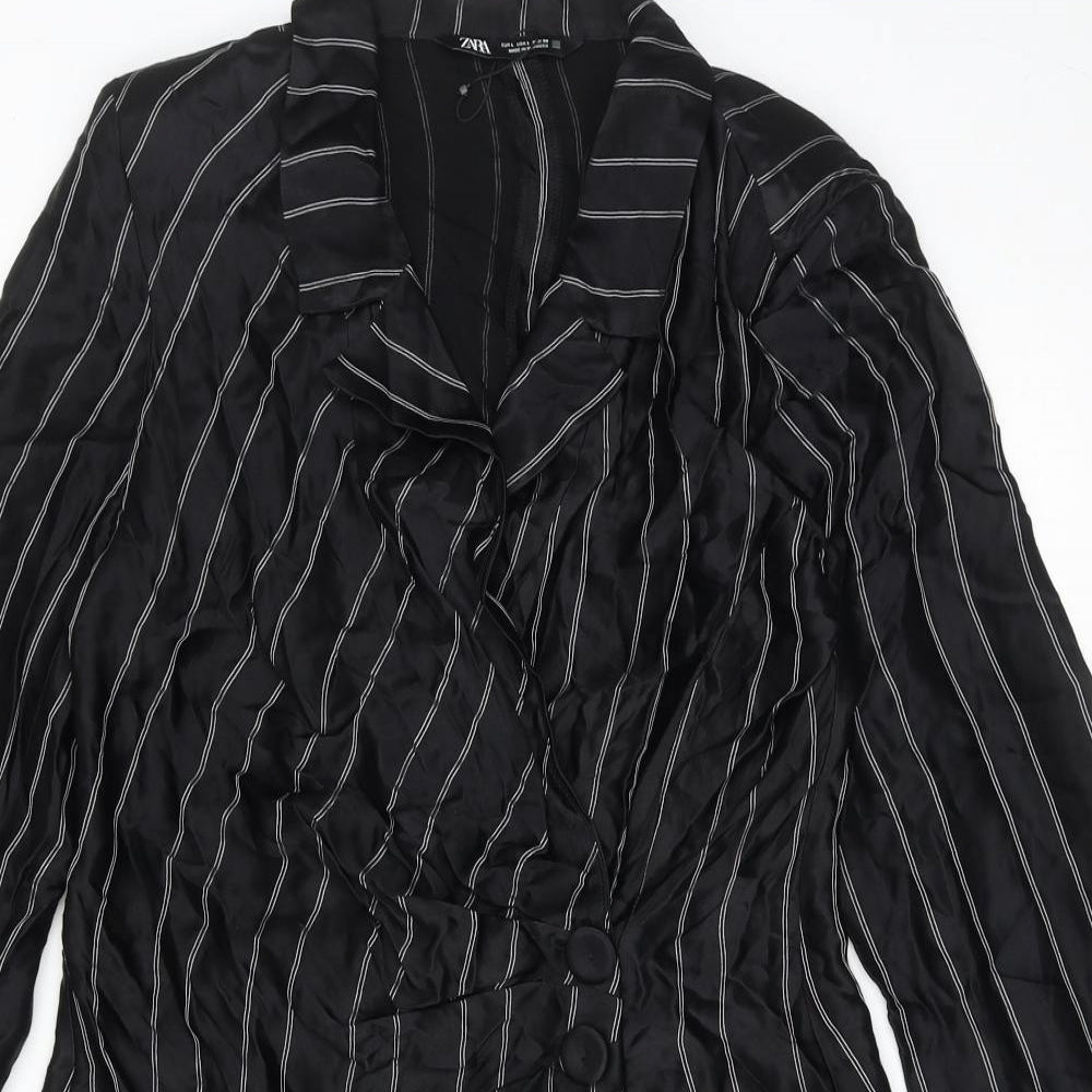 Zara Womens Black Striped Viscose Shirt Dress Size L Collared Button