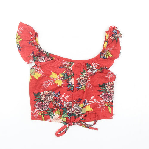 MRP Womens Red Floral Polyester Cropped Tank Size XS Scoop Neck - Ruched