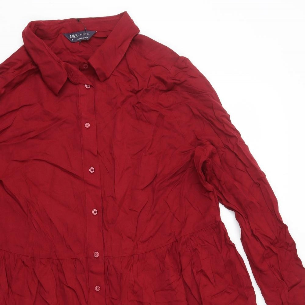 Marks and Spencer Womens Red Viscose Shirt Dress Size 16 Collared Button