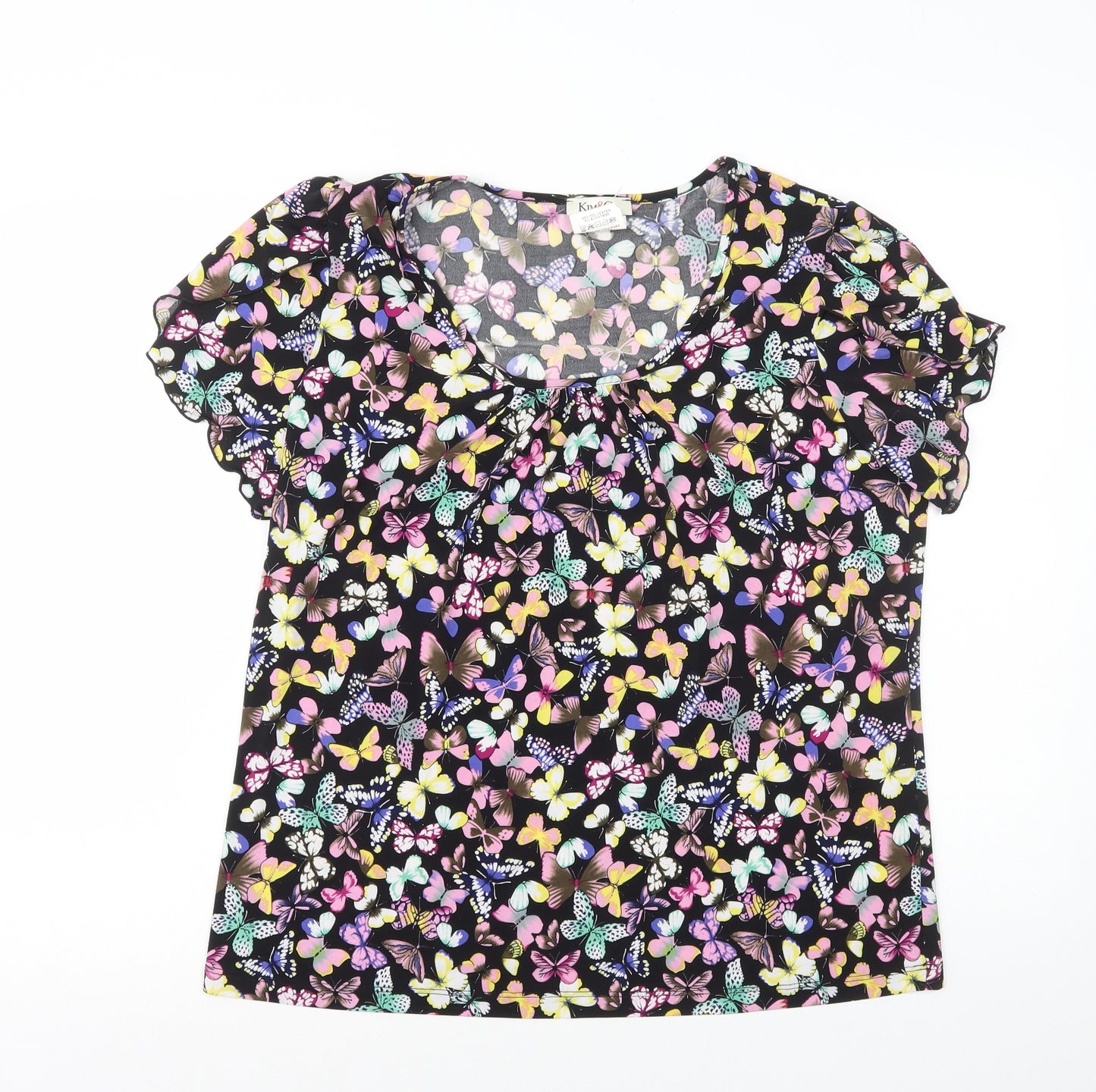 Kim&Co Womens Black Geometric Polyester Basic T-Shirt Size XL Scoop Neck - Butterfly Print