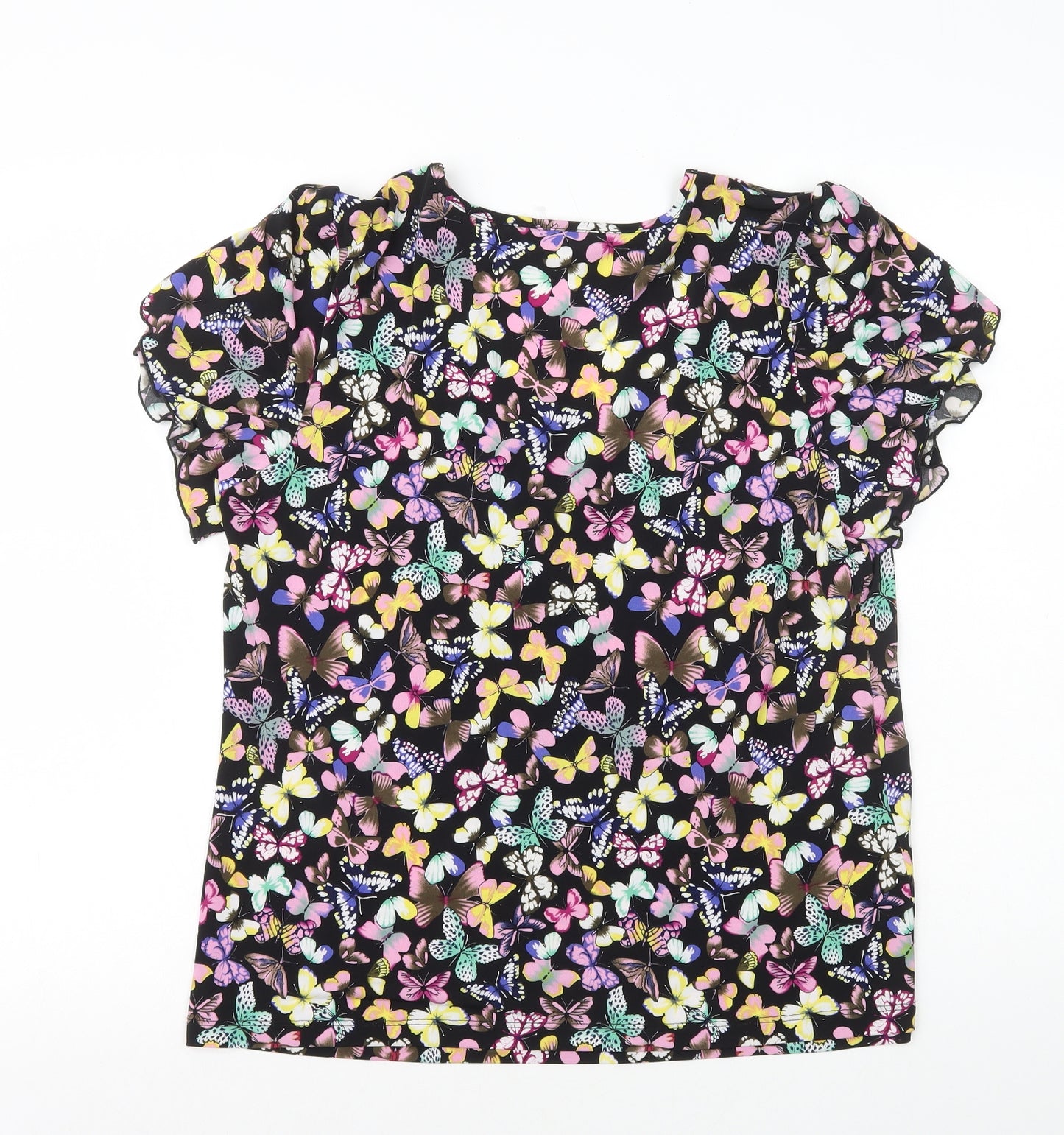 Kim&Co Womens Black Geometric Polyester Basic T-Shirt Size XL Scoop Neck - Butterfly Print