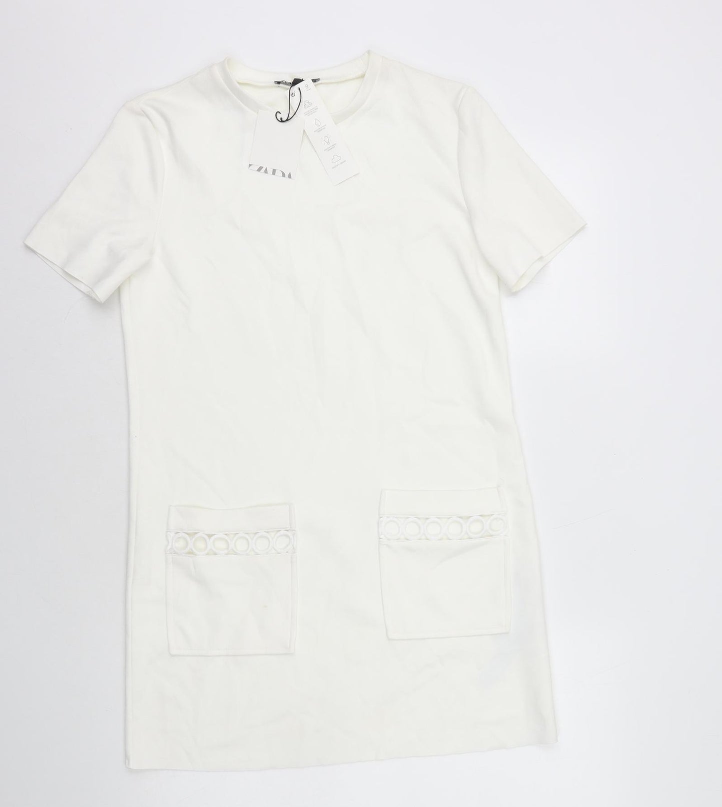 Zara Womens White Polyester T-Shirt Dress Size S Round Neck Pullover