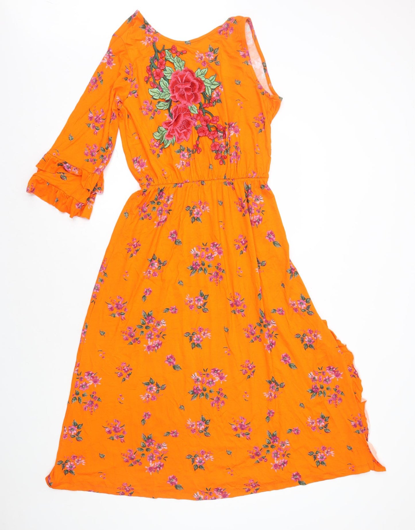 ASOS Womens Orange Floral Viscose A-Line Size 10 One Shoulder Pullover - One Sleeve