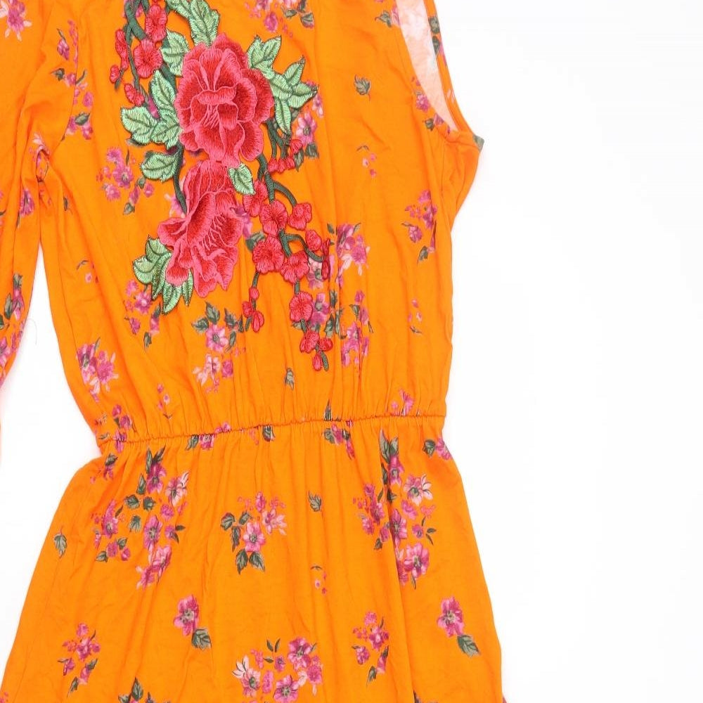 ASOS Womens Orange Floral Viscose A-Line Size 10 One Shoulder Pullover - One Sleeve