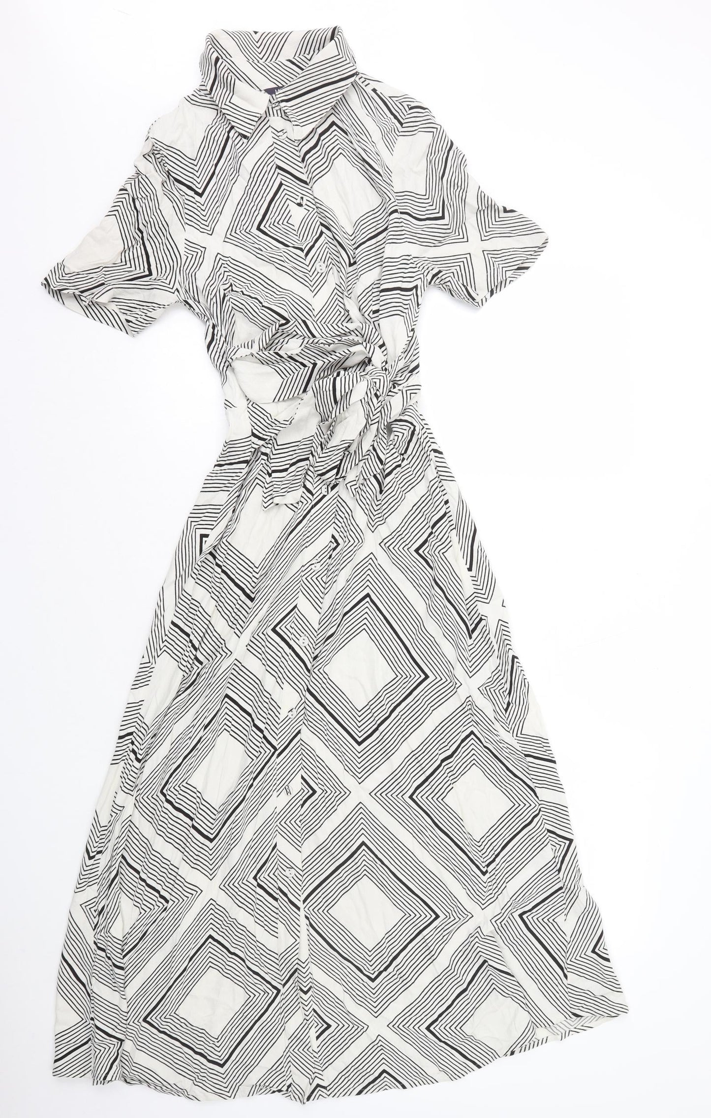 Marks and Spencer Womens White Geometric Viscose Shirt Dress Size 8 Collared Button