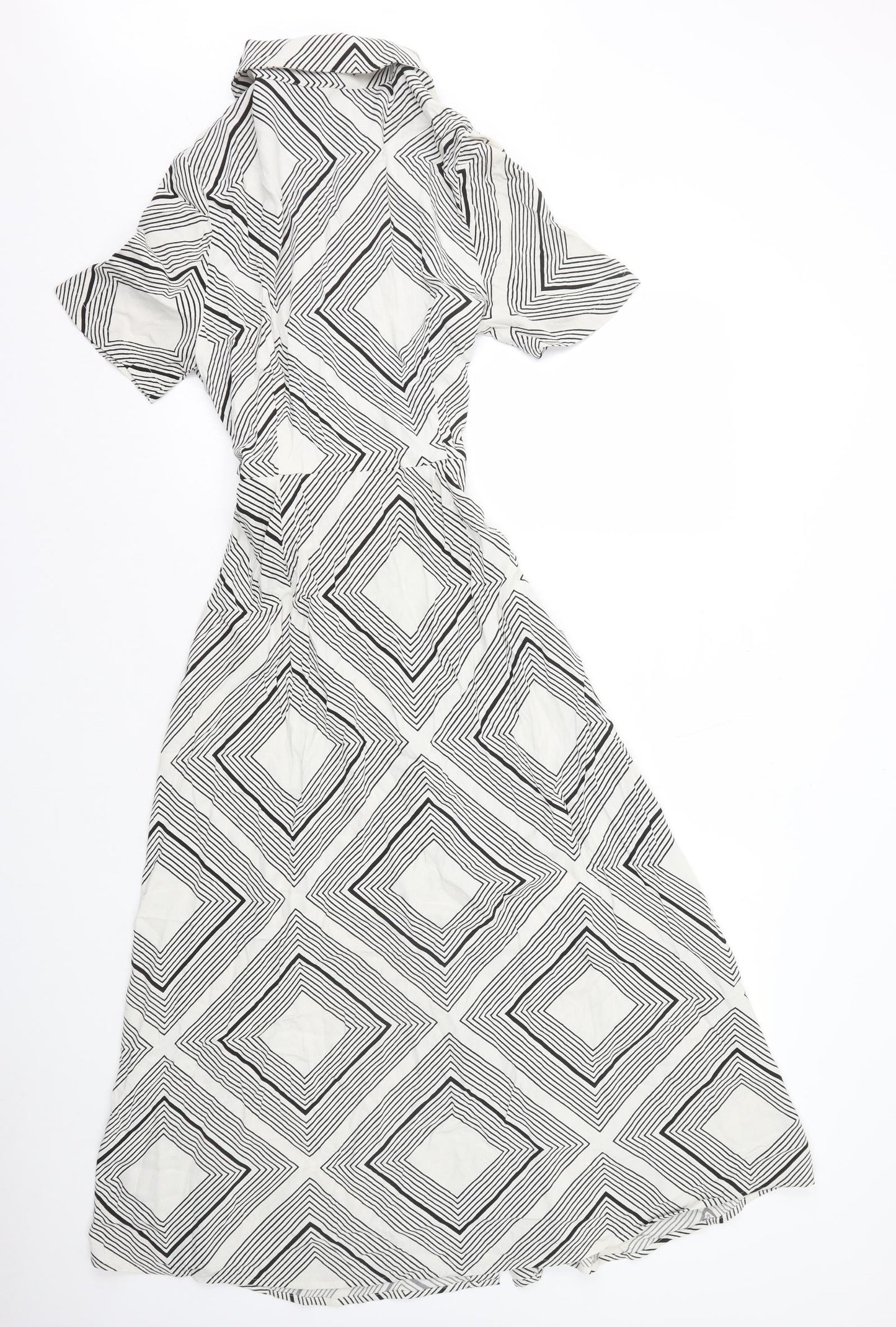 Marks and Spencer Womens White Geometric Viscose Shirt Dress Size 8 Collared Button