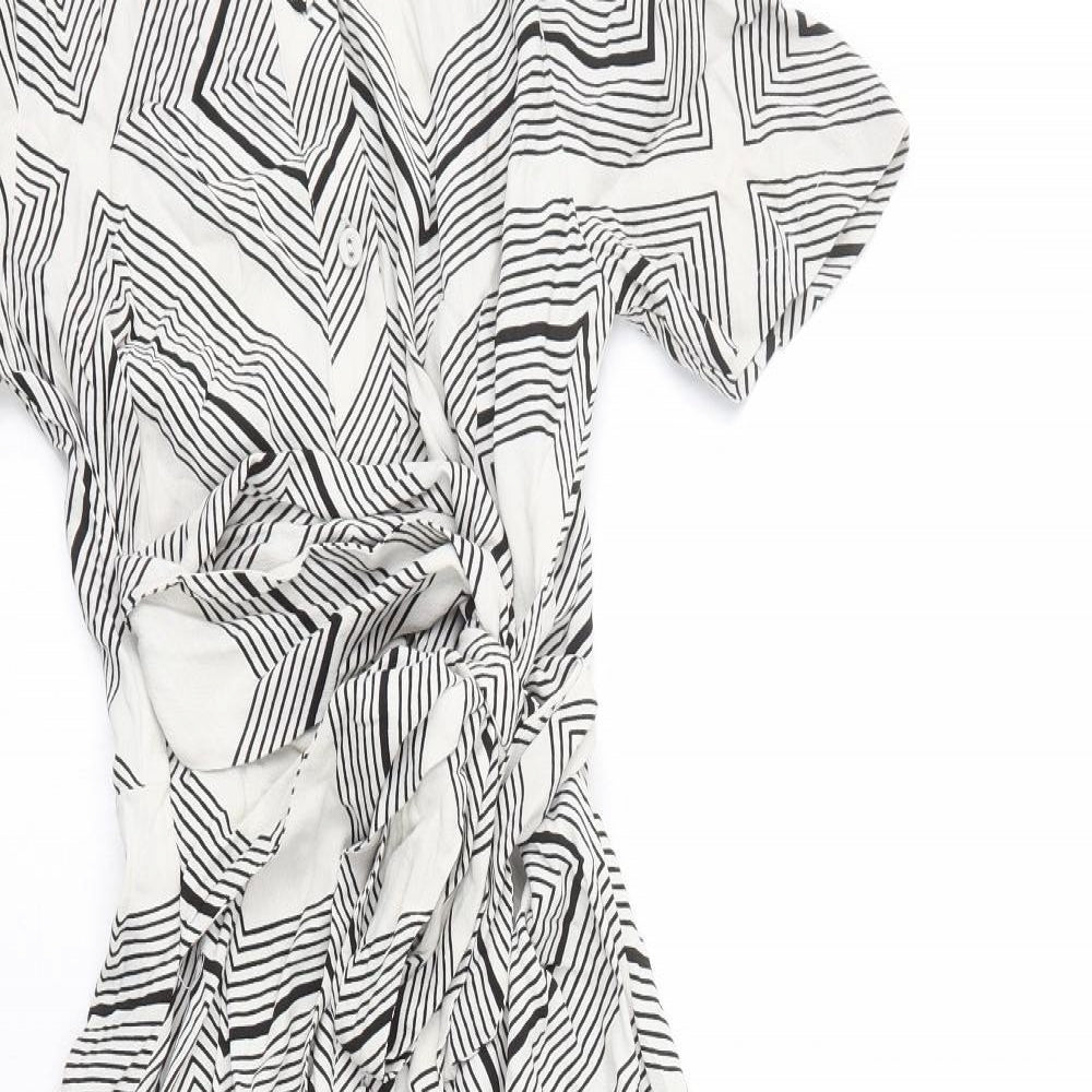Marks and Spencer Womens White Geometric Viscose Shirt Dress Size 8 Collared Button