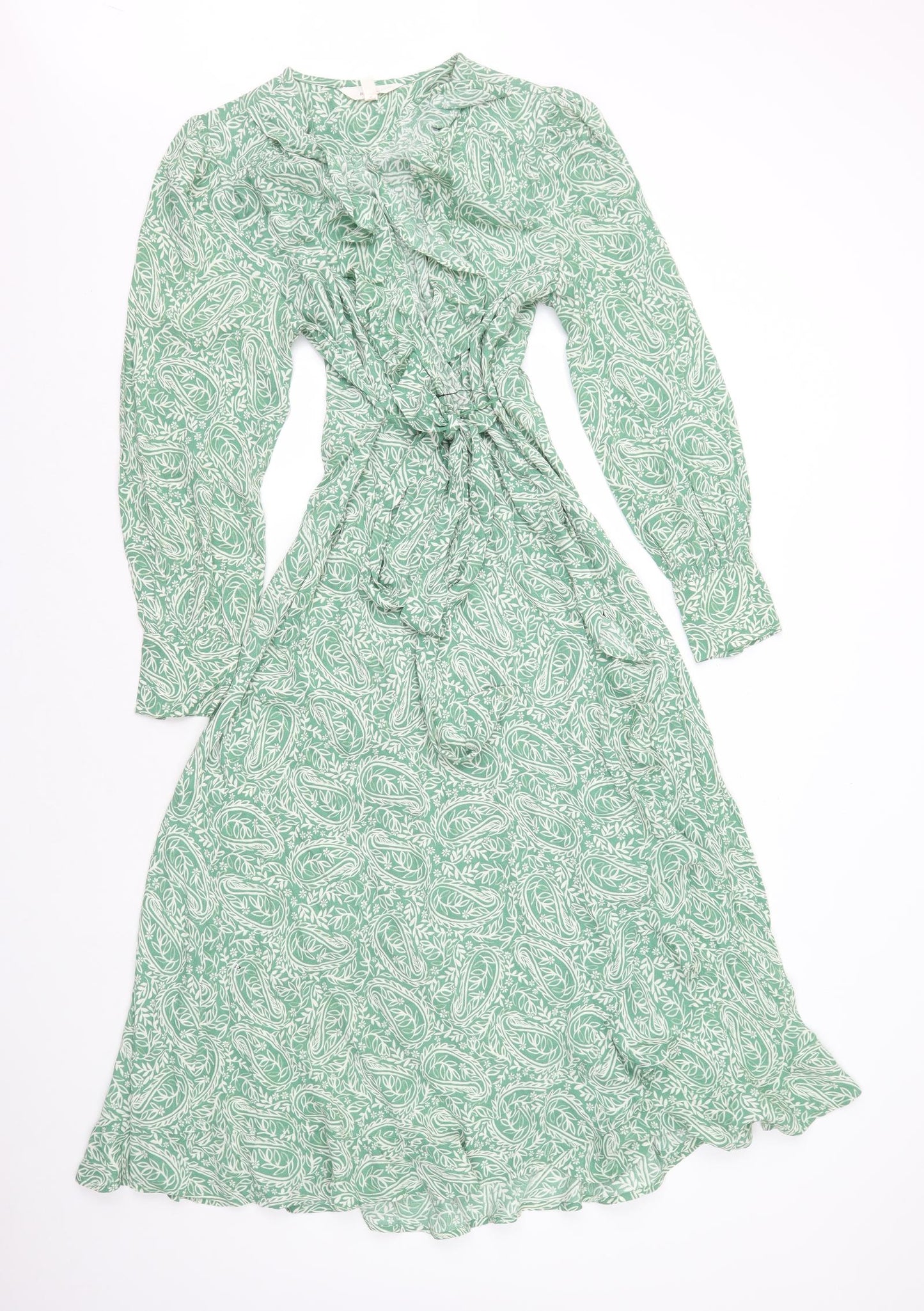 Per Una Womens Green Paisley Viscose Fit & Flare Size 8 V-Neck Tie