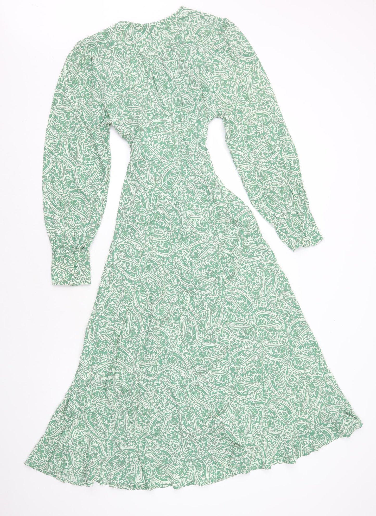 Per Una Womens Green Paisley Viscose Fit & Flare Size 8 V-Neck Tie