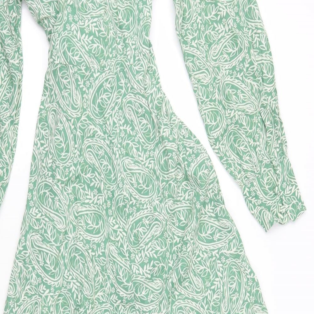 Per Una Womens Green Paisley Viscose Fit & Flare Size 8 V-Neck Tie