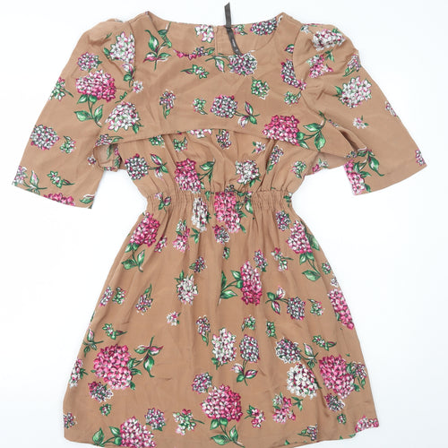 Influence Womens Brown Floral Polyester A-Line Size 10 Round Neck Zip