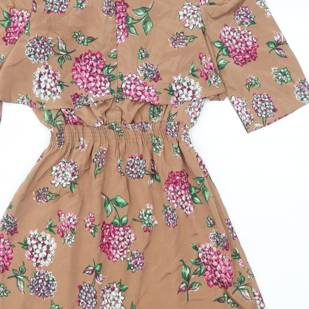 Influence Womens Brown Floral Polyester A-Line Size 10 Round Neck Zip