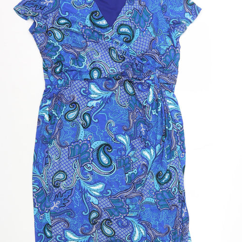 David Emanuel Womens Blue Geometric Viscose Pencil Dress Size 18 V-Neck Pullover - Wrap Over