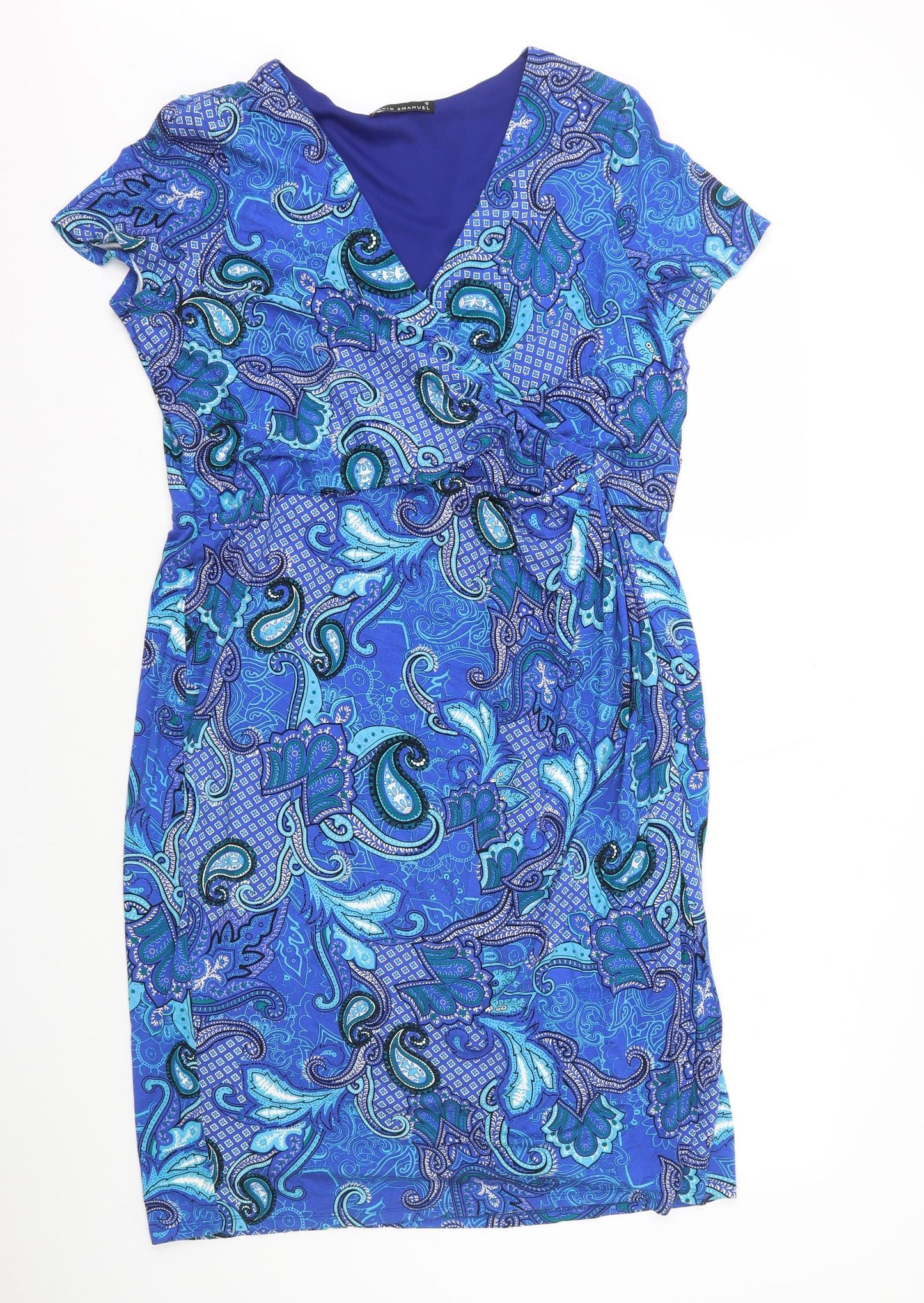 David Emanuel Womens Blue Geometric Viscose Pencil Dress Size 18 V-Neck Pullover - Wrap Over